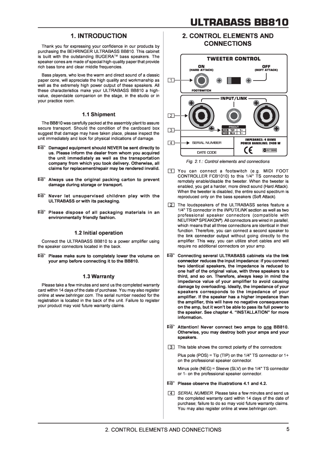 Behringer manual Introduction, Control Elements And Connections, ULTRABASS BB810, Shipment, Initial operation, Warranty 