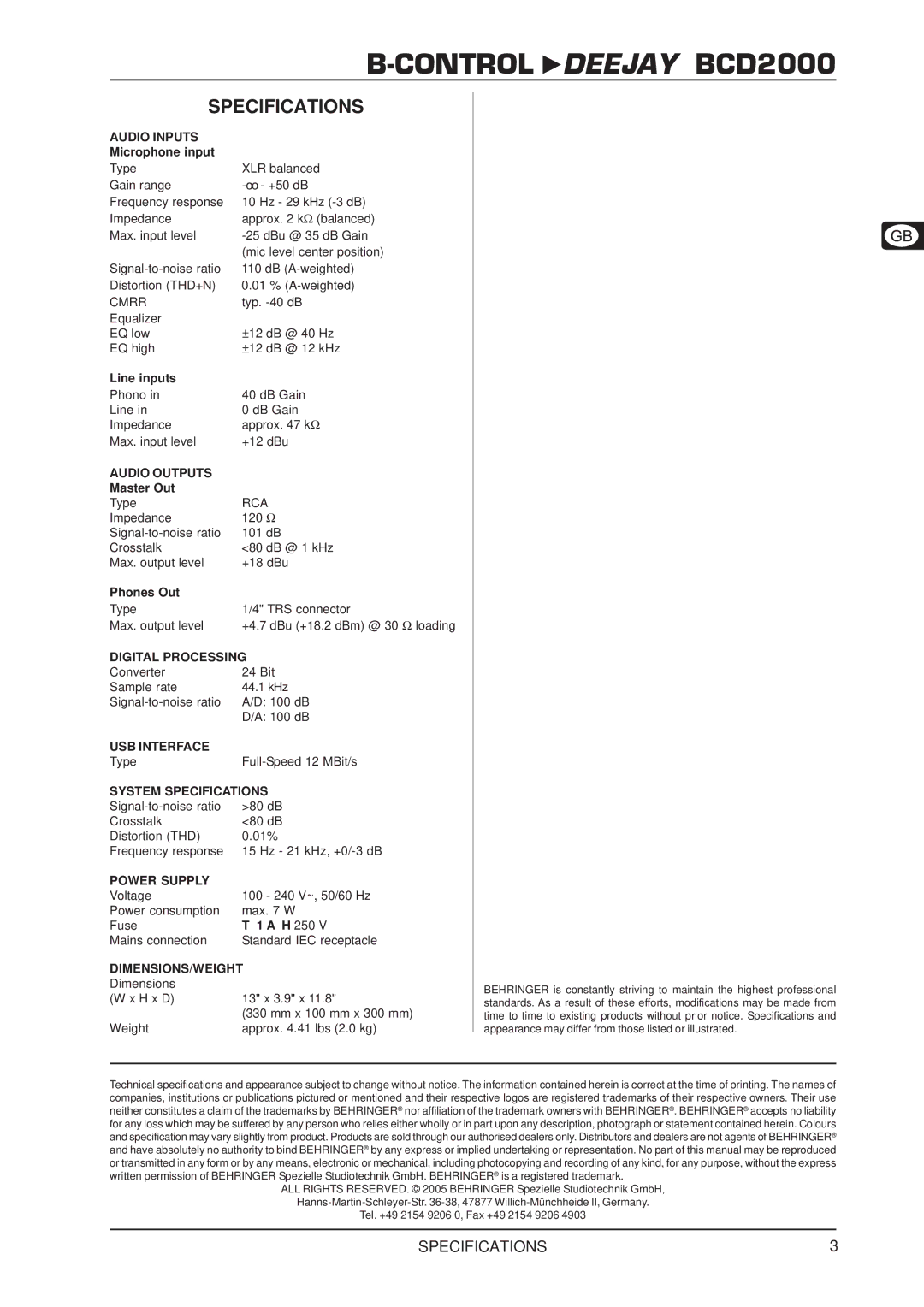 Behringer BCD2000 Audio Inputs, Audio Outputs, Digital Processing, USB Interface, System Specifications, Power Supply 