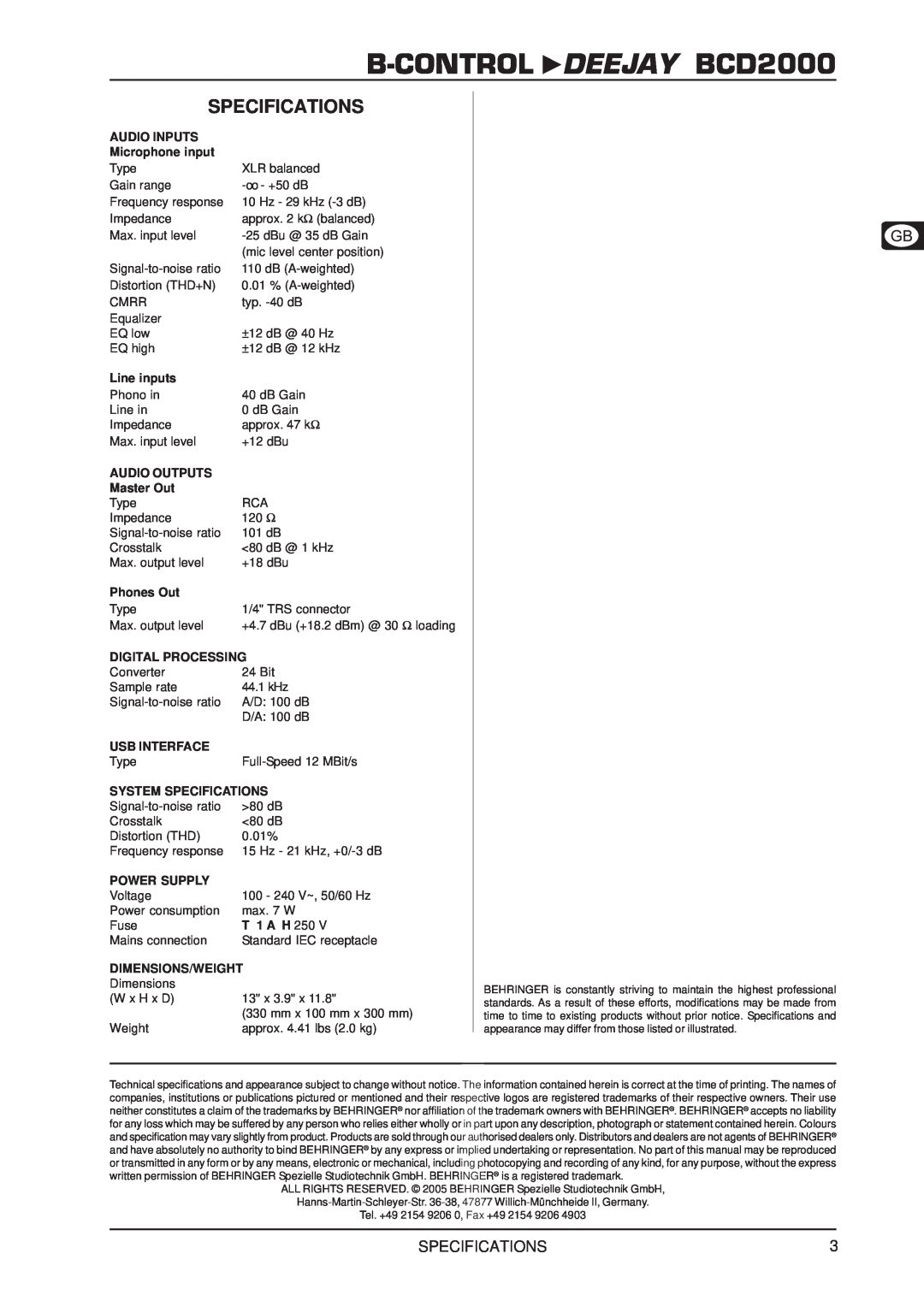 Behringer technical specifications Specifications, B-CONTROL DEEJAY BCD2000 