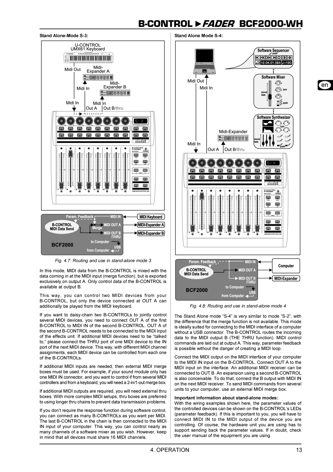 Behringer BCF2000-WH manual Stand Alone-Mode S-3 Stand Alone Mode S-4, Control to Midi in of the second B-CONTROL. OUT a 