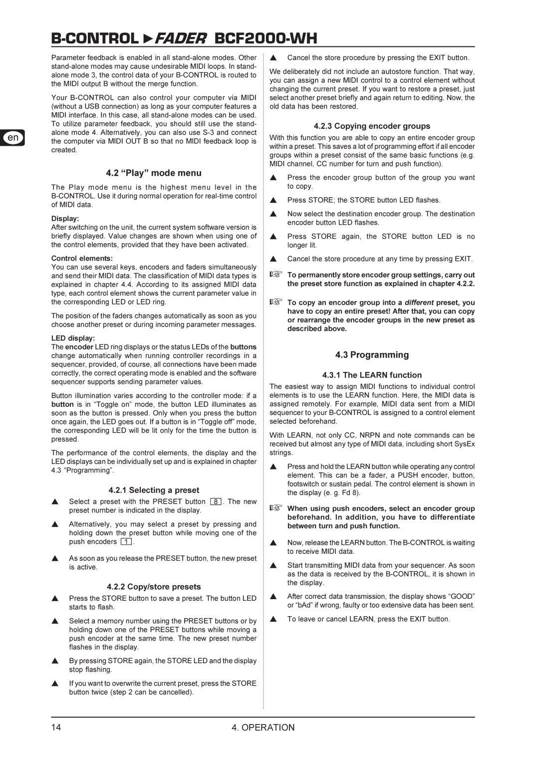 Behringer BCF2000-WH manual Play mode menu, Programming 