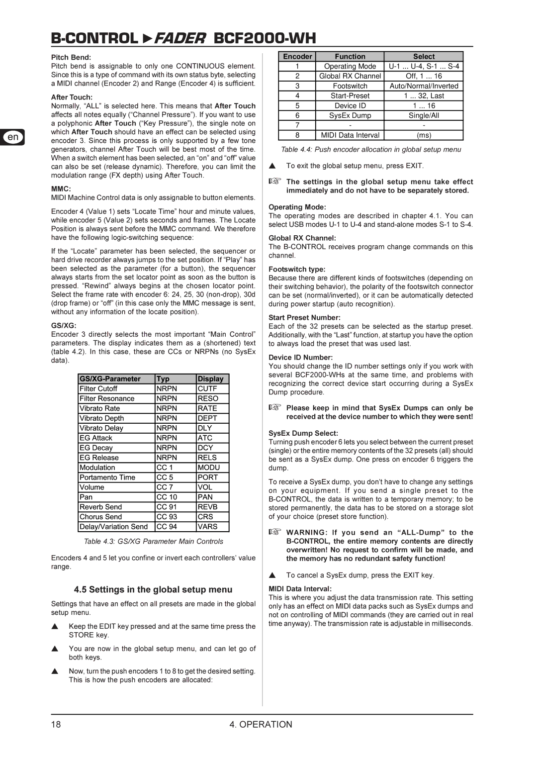 Behringer BCF2000-WH manual Settings in the global setup menu, GS/XG Parameter Main Controls 