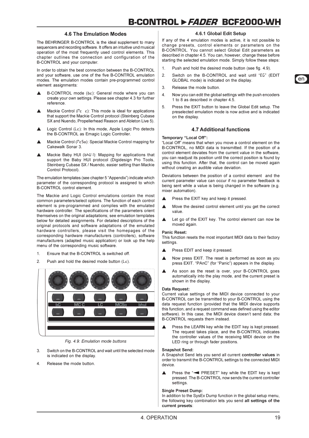 Behringer BCF2000-WH manual Emulation Modes, Additional functions, Global Edit Setup 