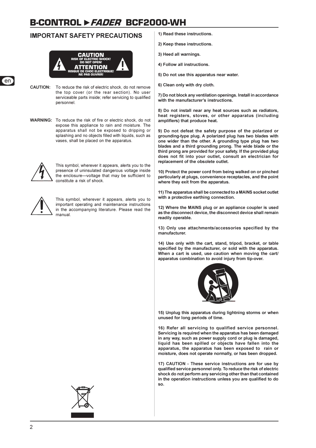 Behringer manual Control Fader BCF2000-WH, Important Safety Precautions 