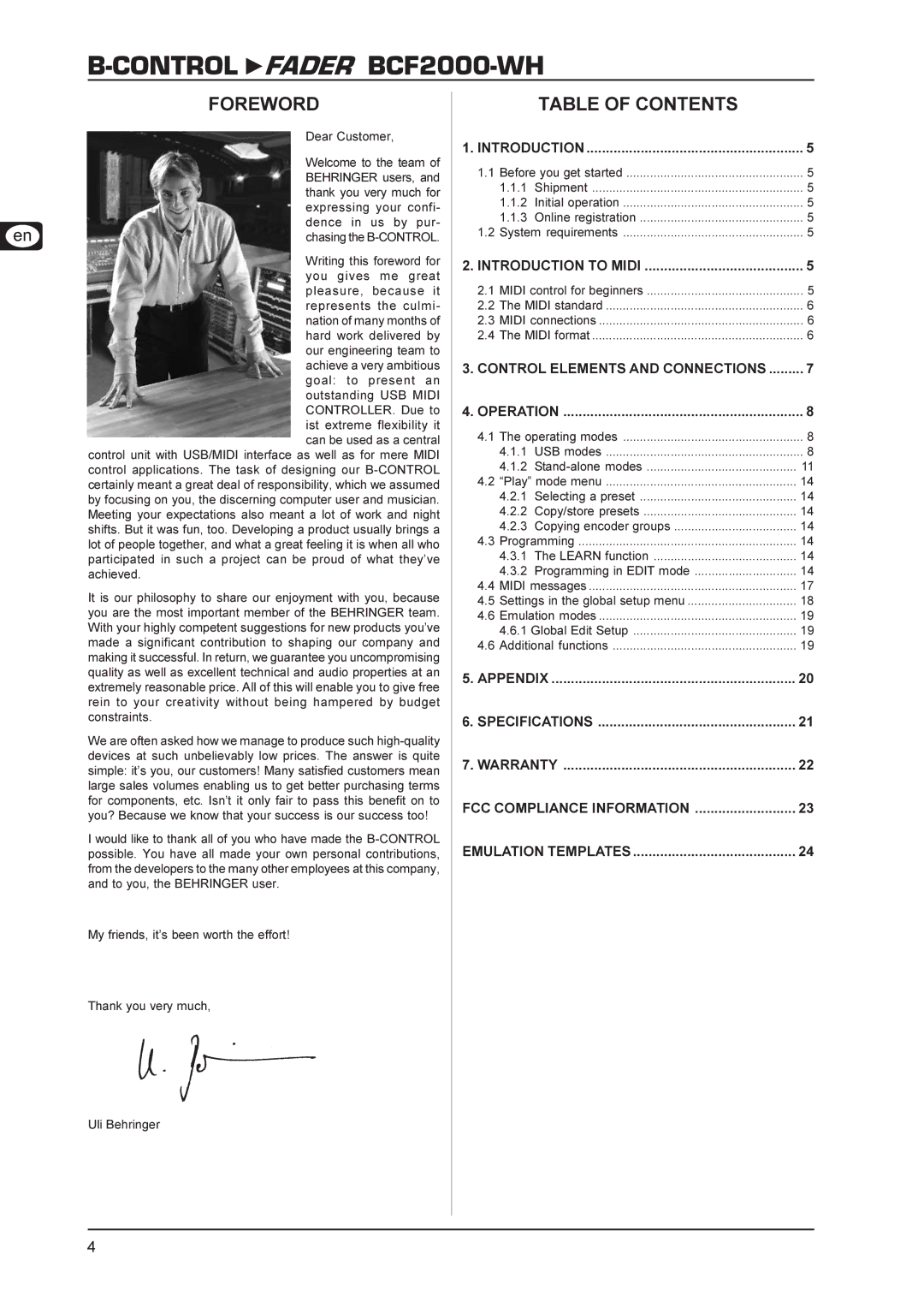 Behringer BCF2000-WH manual Foreword, Table of Contents 