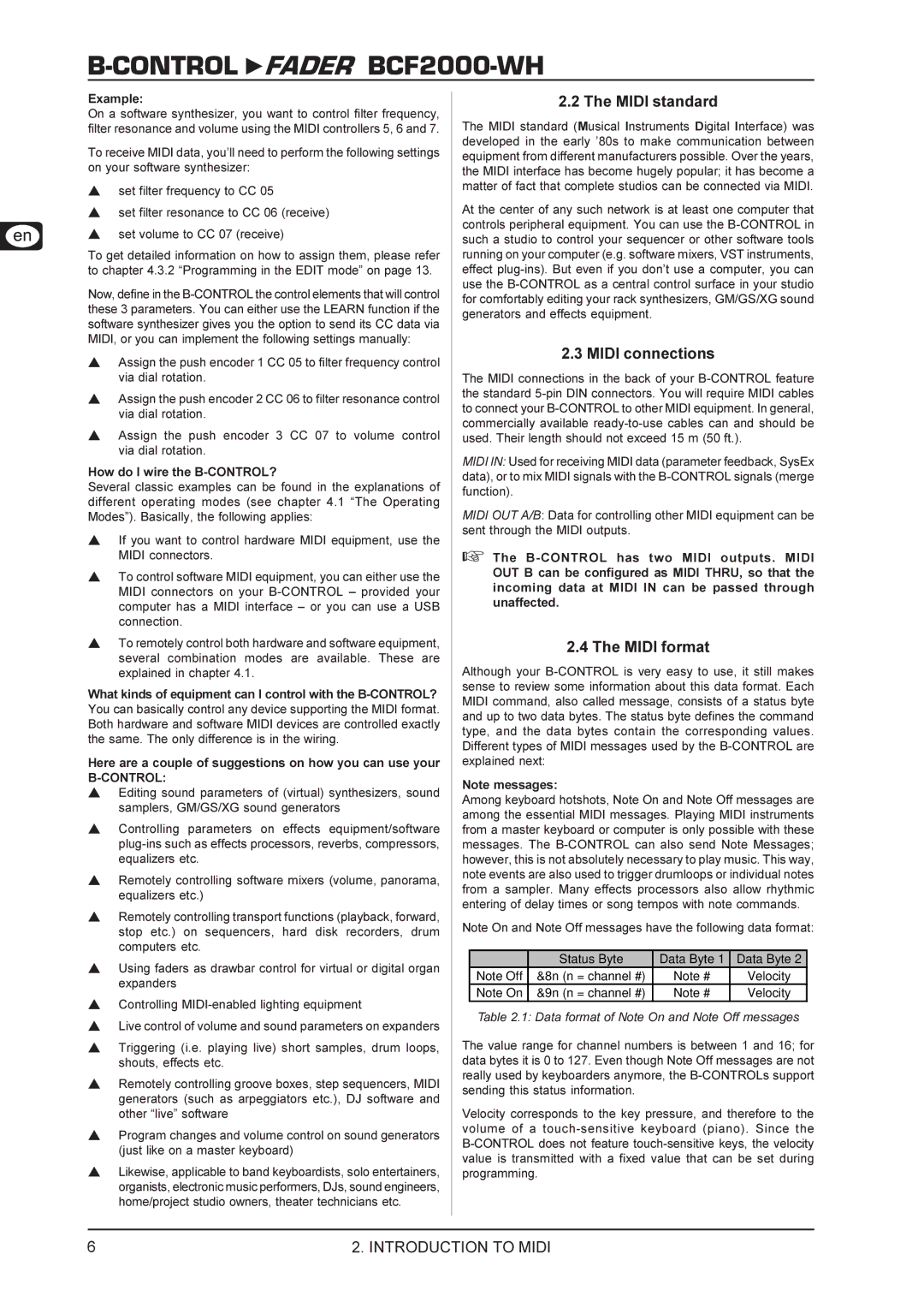 Behringer BCF2000-WH Midi standard, Midi connections, Midi format, Example, Data format of Note On and Note Off messages 