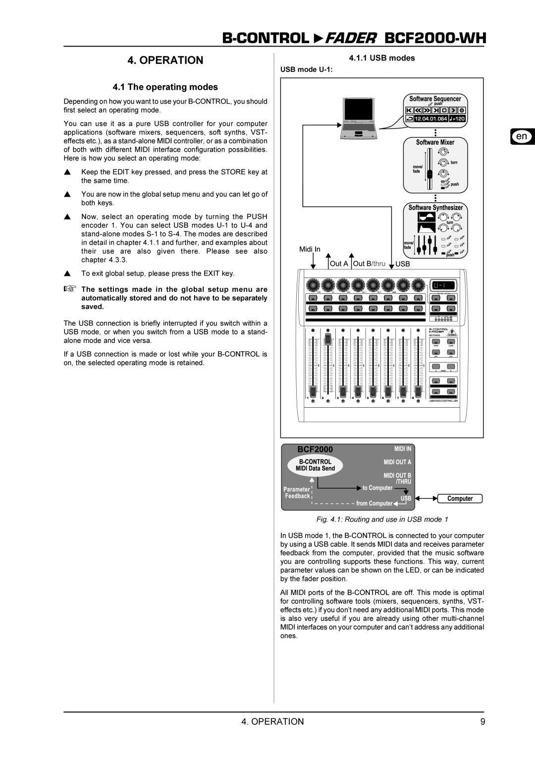 Behringer BCF2000-WH manual Operation, Operating modes, USB modes, USB mode U-1 