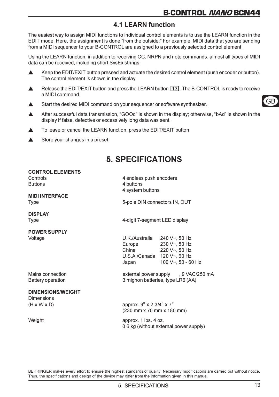 Behringer BCN44 manual Specifications, Learn function 