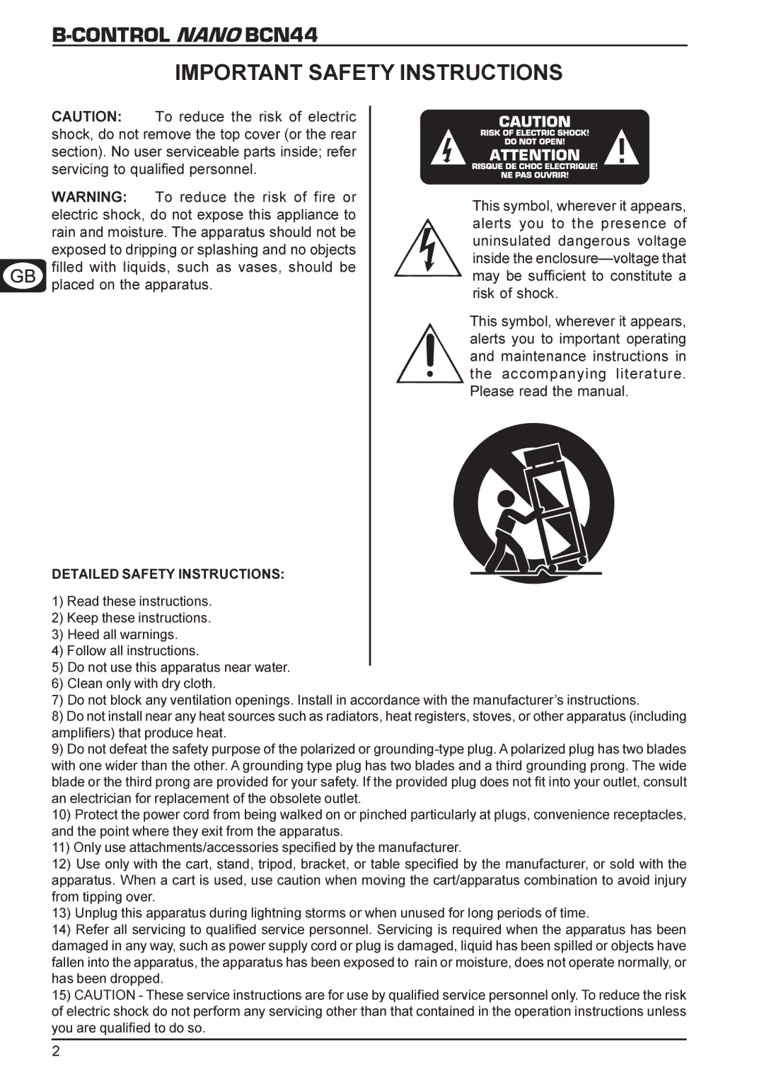 Behringer manual Control Nano BCN44, Important Safety Instructions 