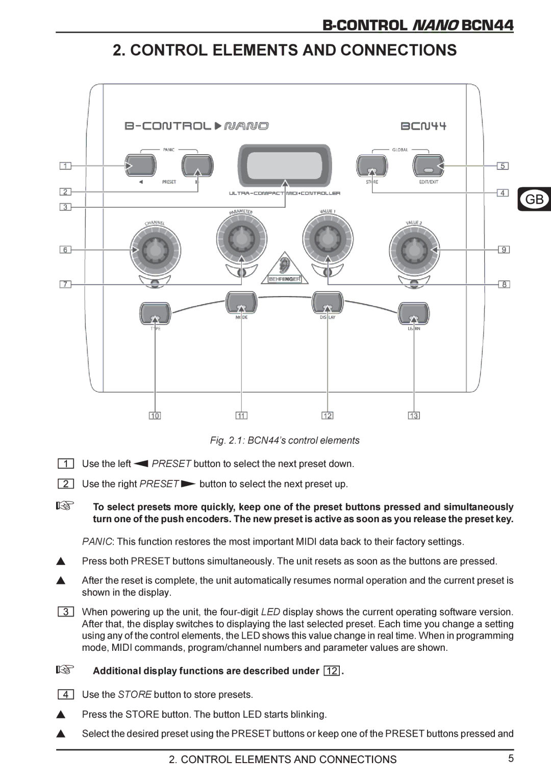 Behringer manual Control Elements and Connections, BCN44’s control elements 