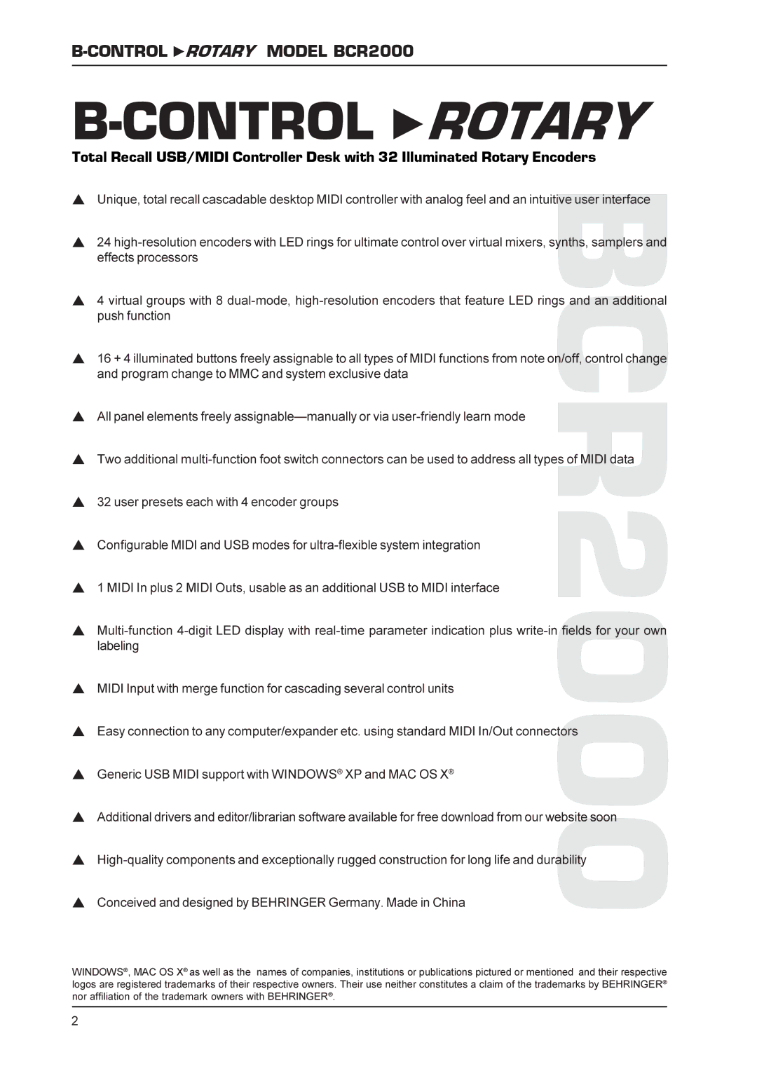 Behringer BCR200 technical specifications Control Rotary 