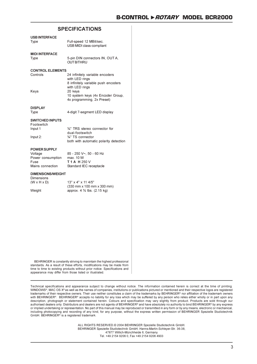 Behringer BCR200 technical specifications Specifications 