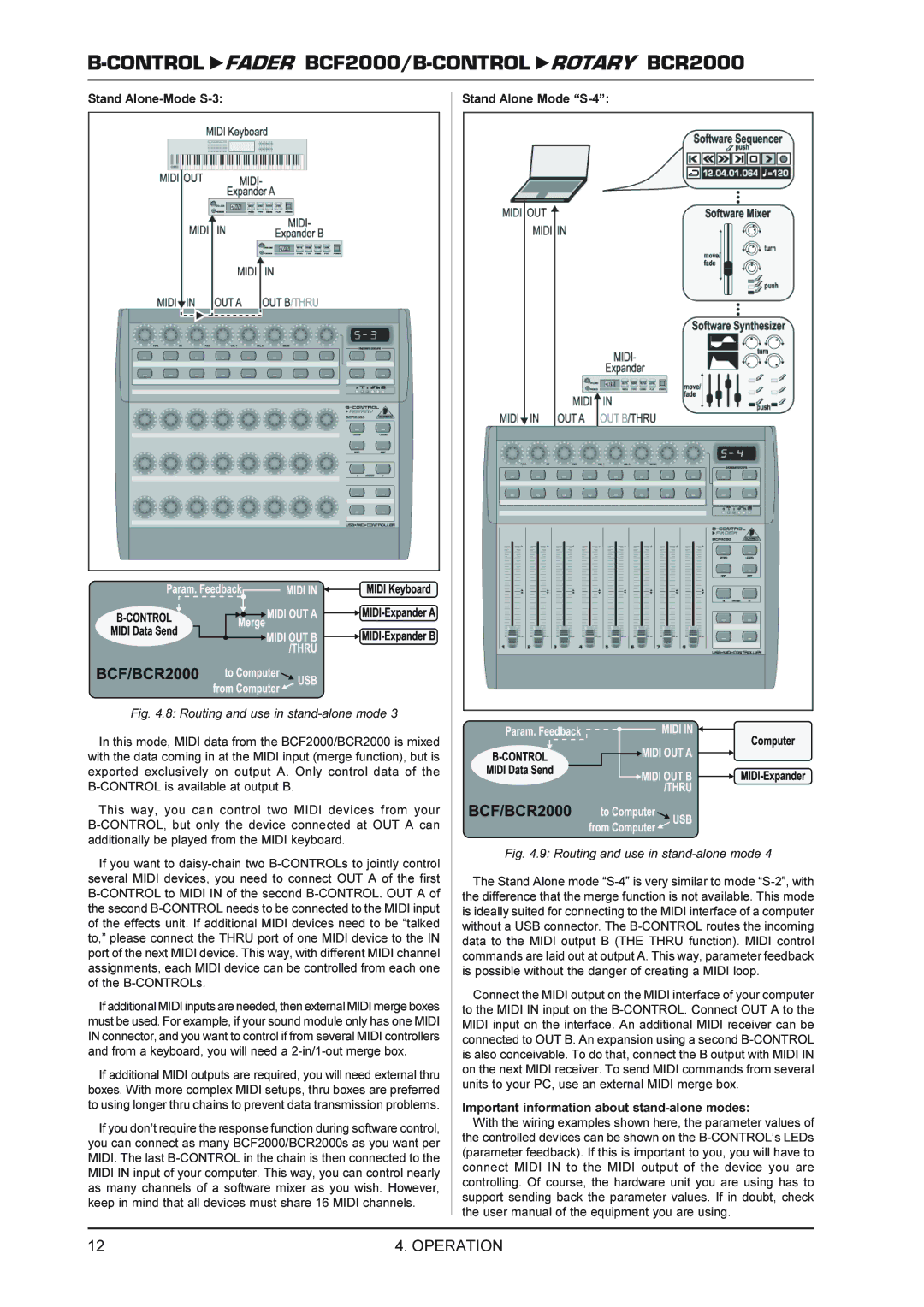 Behringer BCR2000 manual Stand Alone-Mode S-3, Stand Alone Mode S-4, Important information about stand-alone modes 