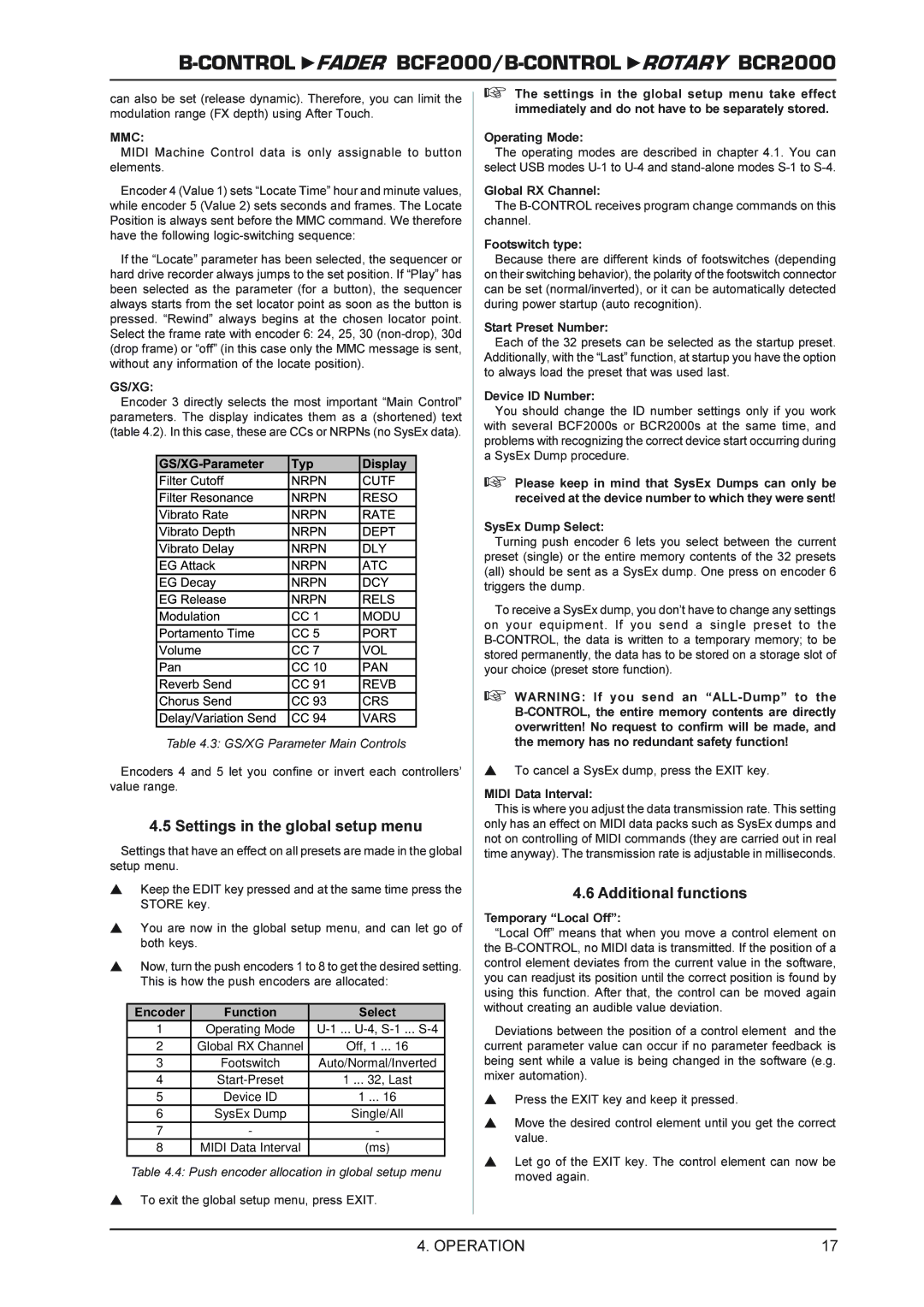 Behringer BCR2000 manual Settings in the global setup menu, Additional functions, Mmc, Gs/Xg, Qfrghu Xqfwlrq 6HOHFW 