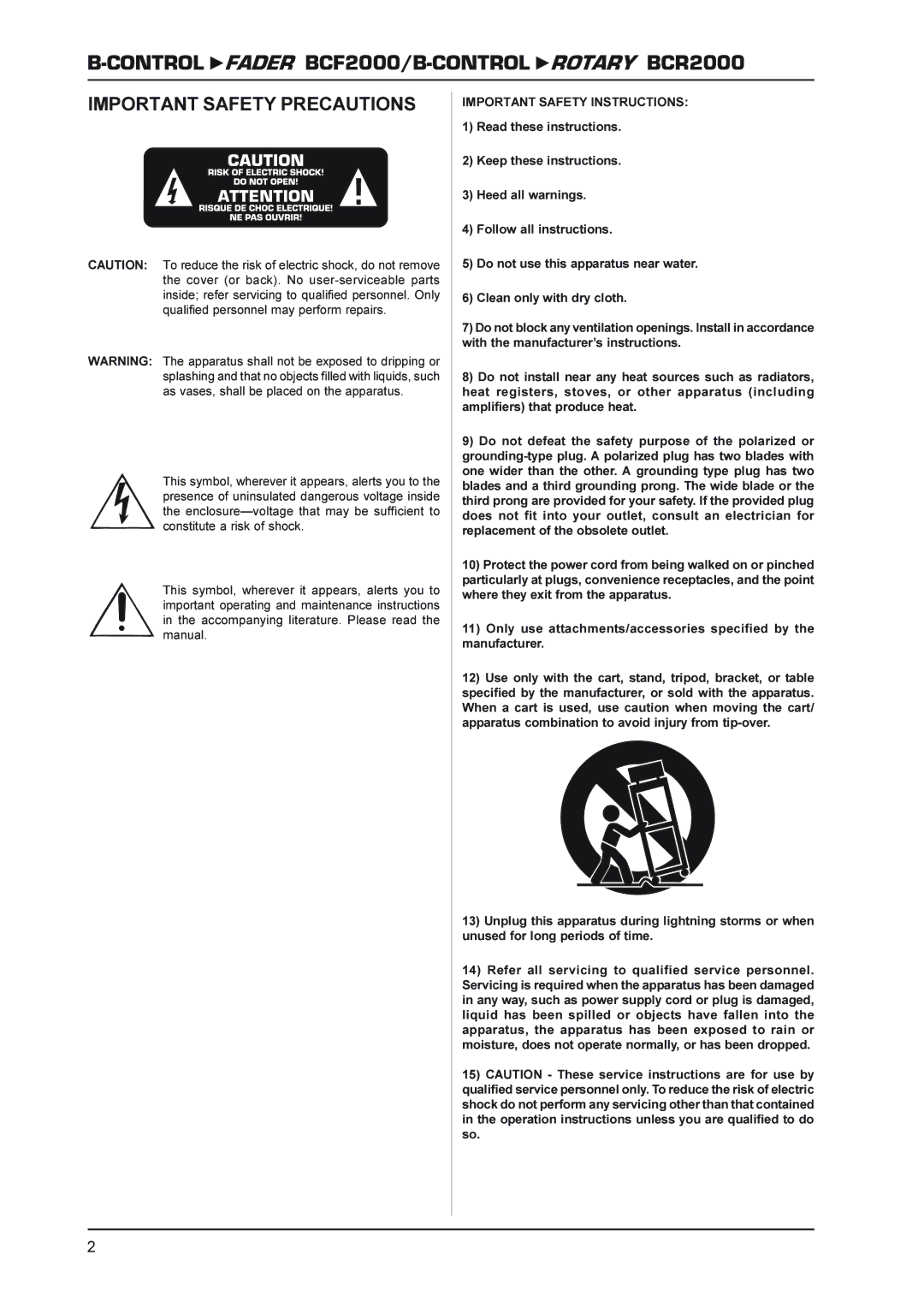 Behringer BCR2000 manual Important Safety Precautions, Important Safety Instructions 