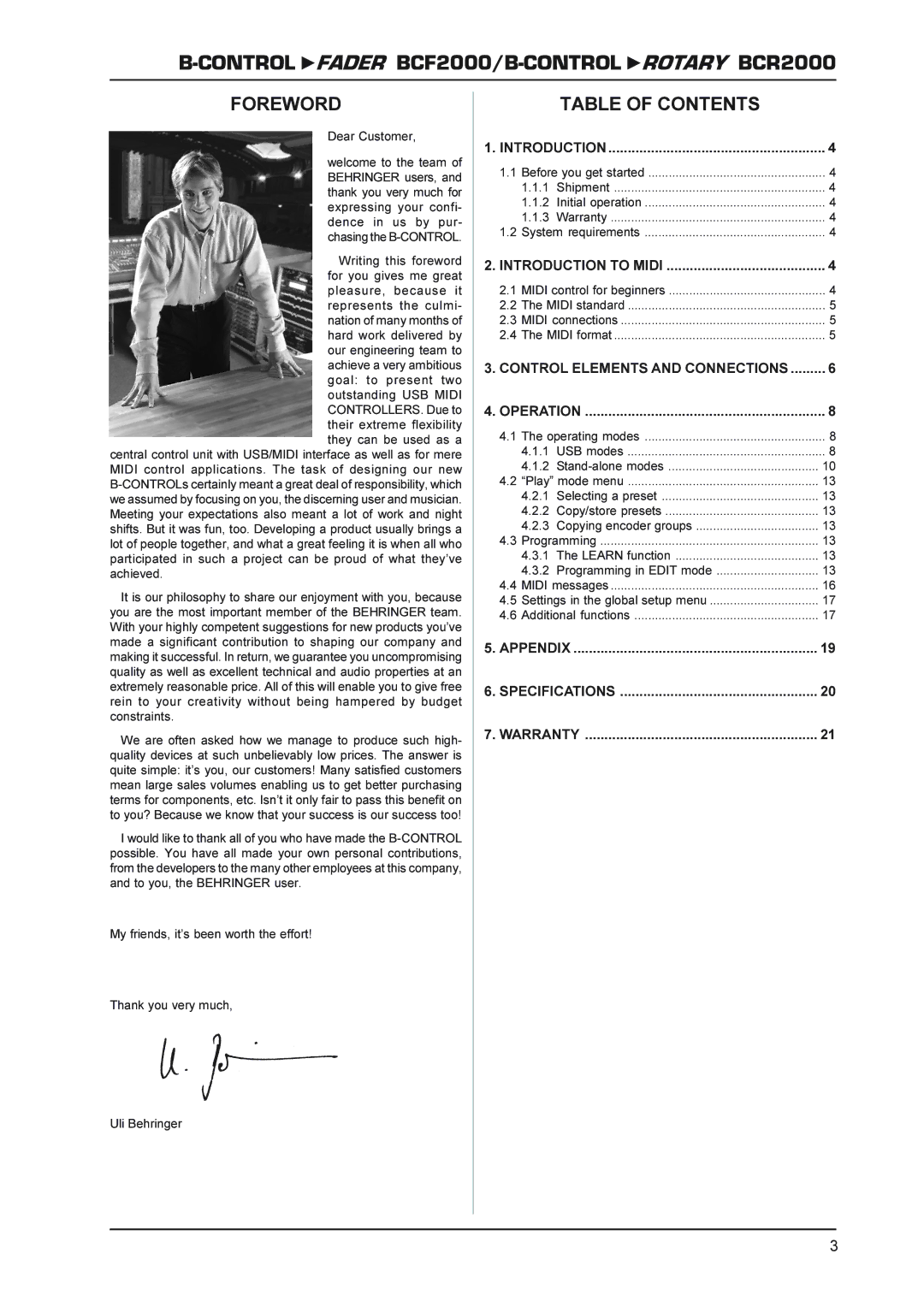 Behringer BCR2000 manual Foreword, Table of Contents 