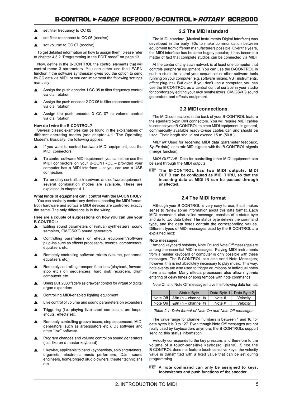 Behringer BCR2000 manual Midi standard, Midi connections, Midi format 