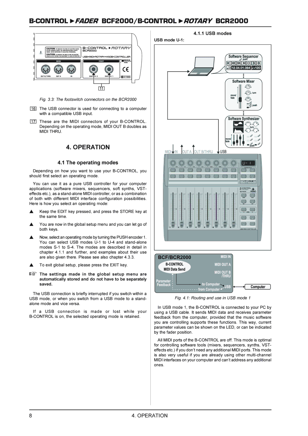 Behringer BCR2000 manual Operation, Operating modes, USB modes, Midi Thru, USB mode U-1 