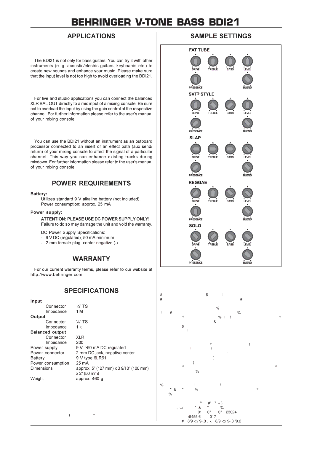 Behringer BDI21 manual Applications, Power Requirements, Warranty Specifications, Sample Settings 