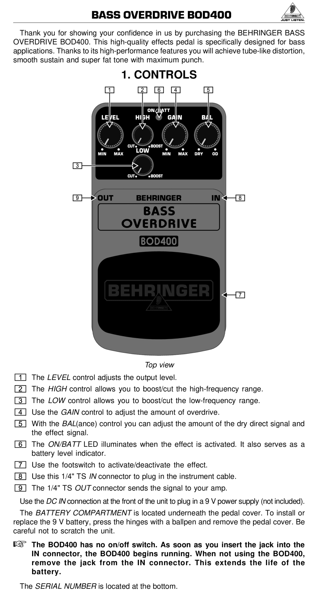 Behringer BEHRINGERPSU-SB manual Bass Overdrive BOD400, Controls, Top view 