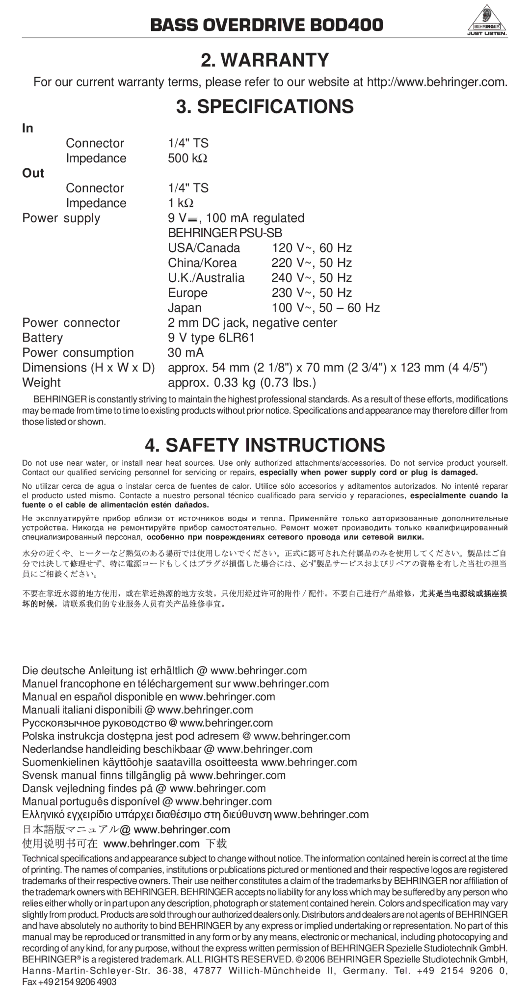 Behringer BEHRINGERPSU-SB manual Bass Overdrive BOD400 Warranty Specifications, Safety Instructions, Out, Behringer PSU-SB 