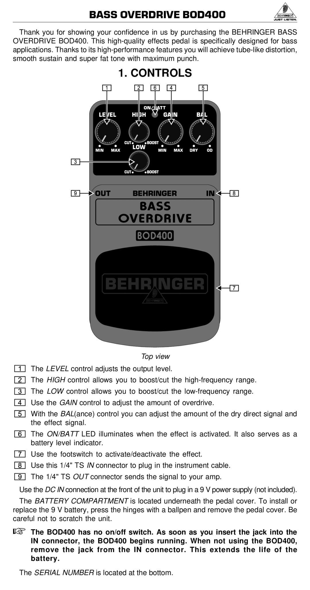 Behringer BEHRINGERPSU-SB manual BASS OVERDRIVE BOD400, Controls, Top view 