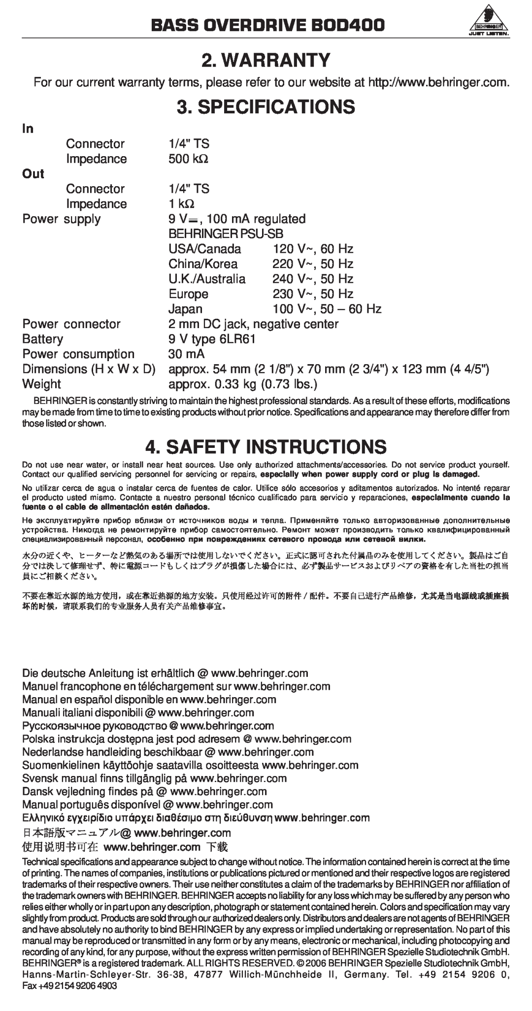 Behringer BEHRINGERPSU-SB manual BASS OVERDRIVE BOD400 2. WARRANTY, Specifications, Safety Instructions 
