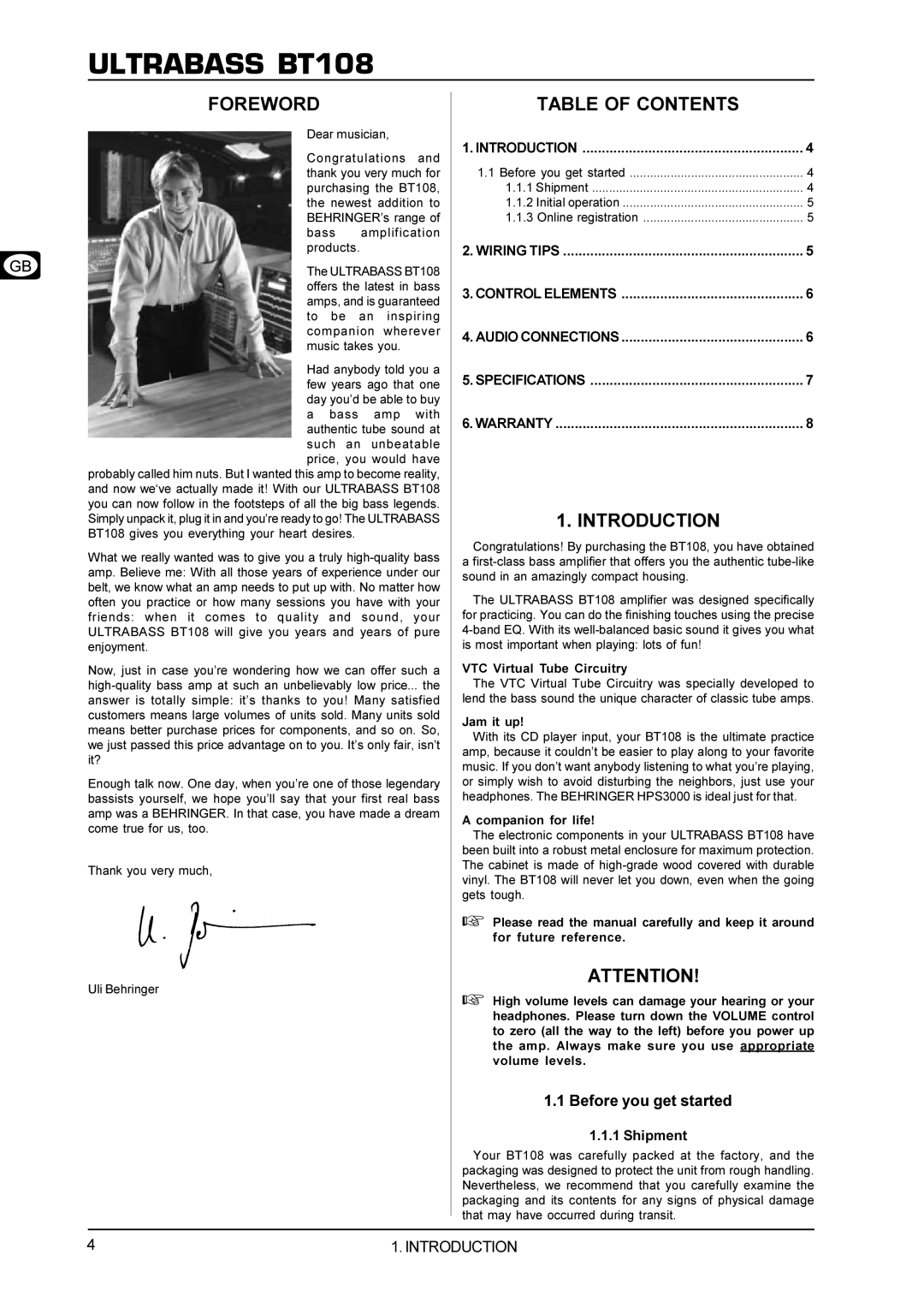 Behringer BT108 manual Foreword, Table of Contents, Introduction 