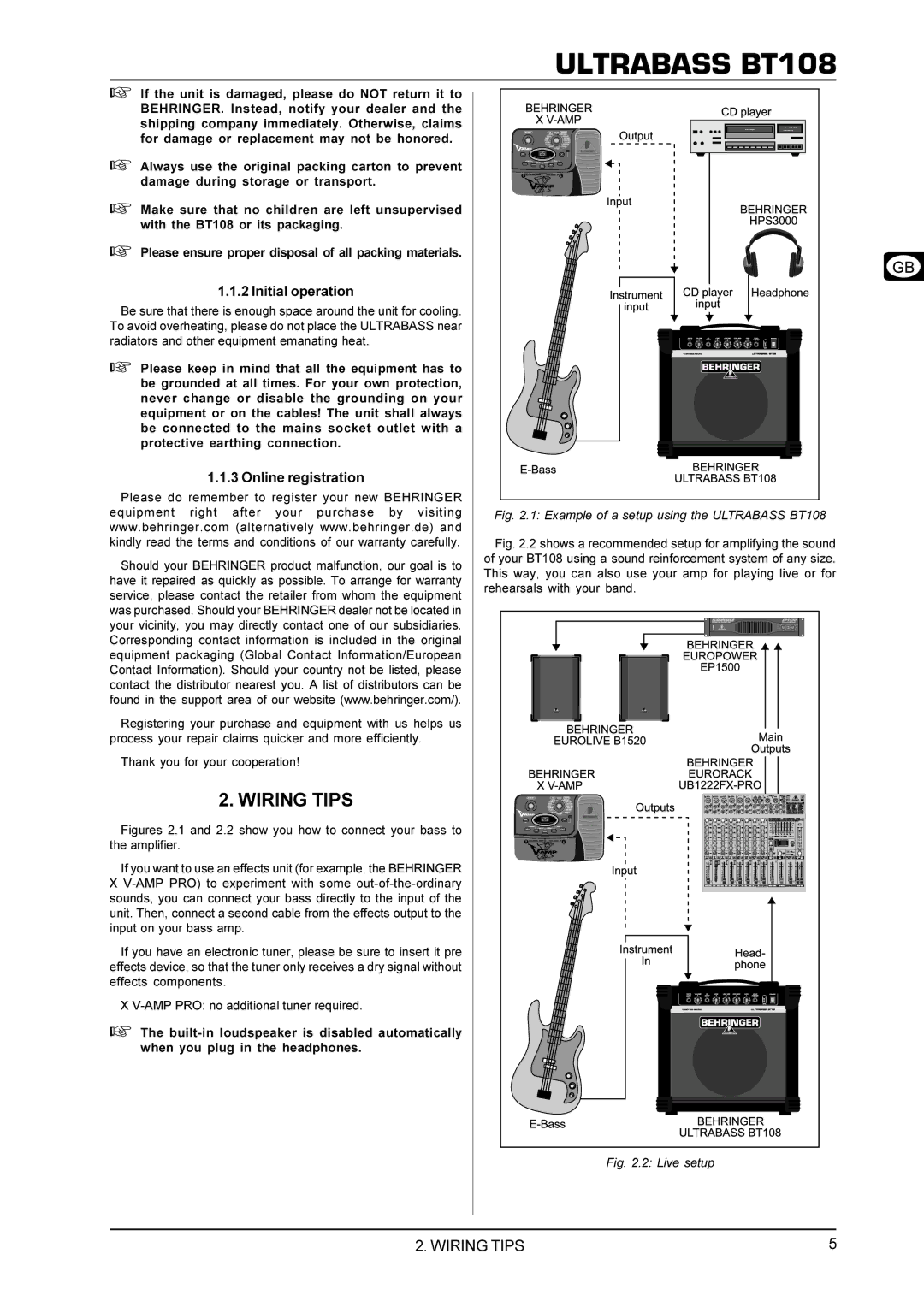 Behringer BT108 manual Wiring Tips, Initial operation, Online registration 