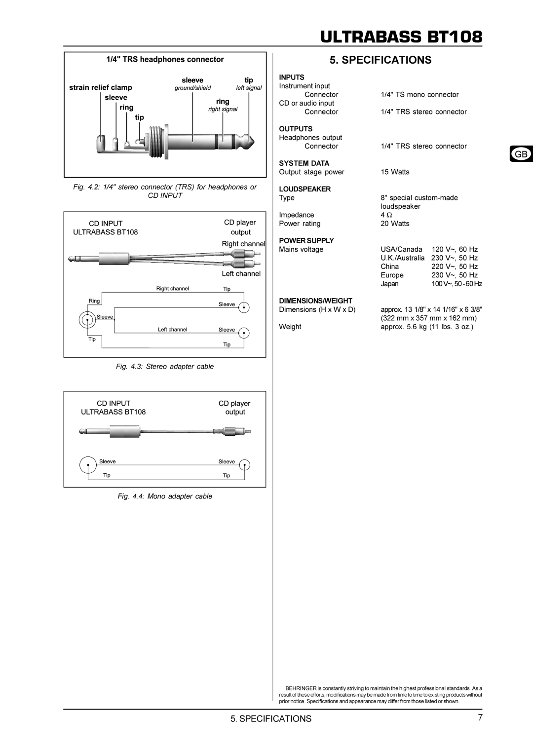 Behringer BT108 manual Specifications 