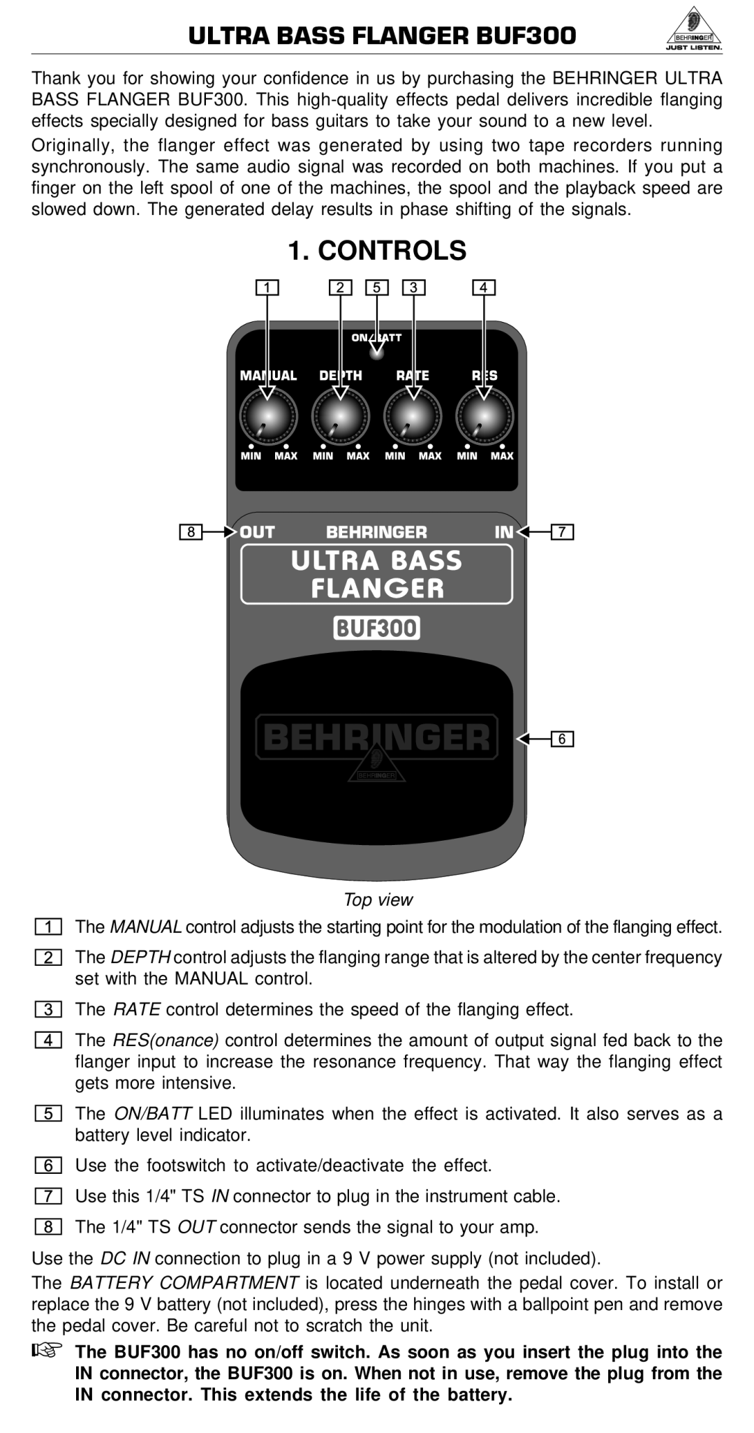 Behringer manual Ultra Bass Flanger BUF300, Controls, Top view 