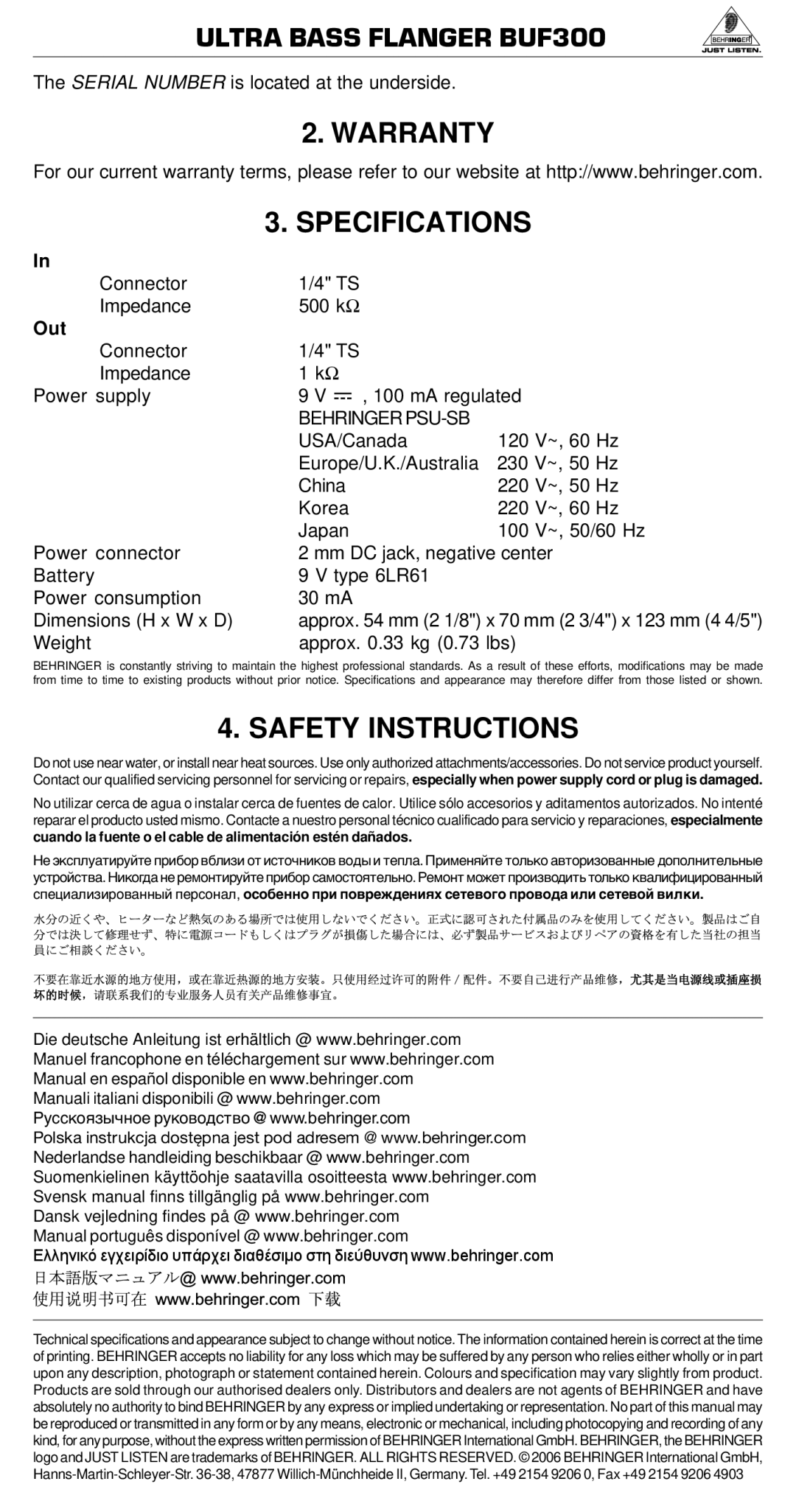 Behringer BUF300 manual Warranty Specifications, Safety Instructions, Out, Behringer PSU-SB 