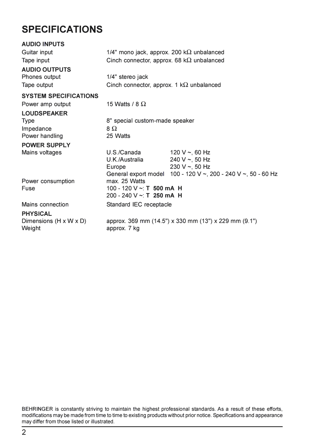 Behringer BX108 technical specifications Specifications 