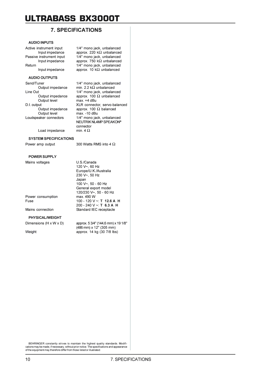 Behringer BX3000T manual Specifications 