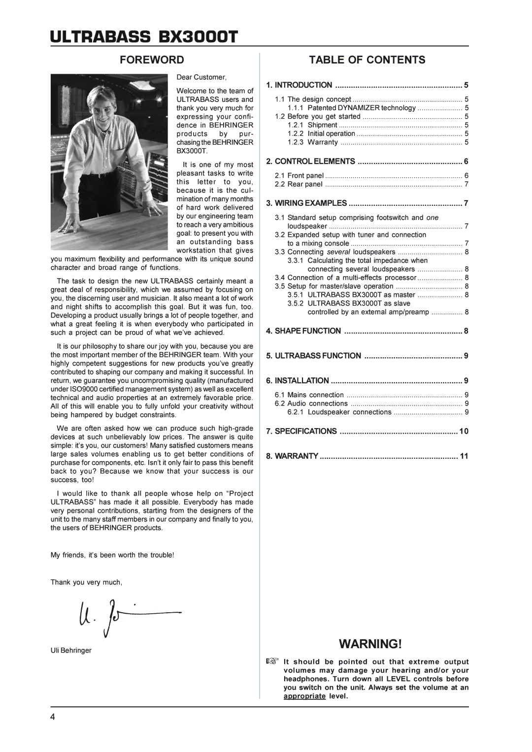 Behringer BX3000T manual Foreword, Table of Contents 