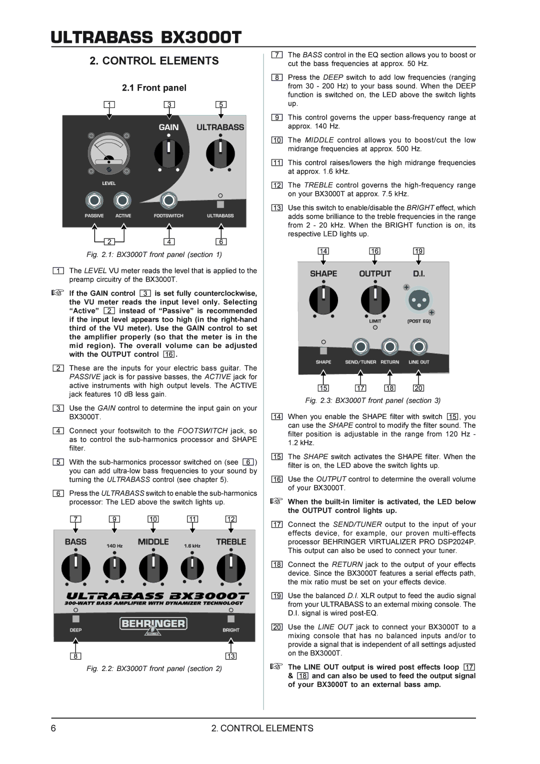 Behringer BX3000T manual Control Elements, Front panel 