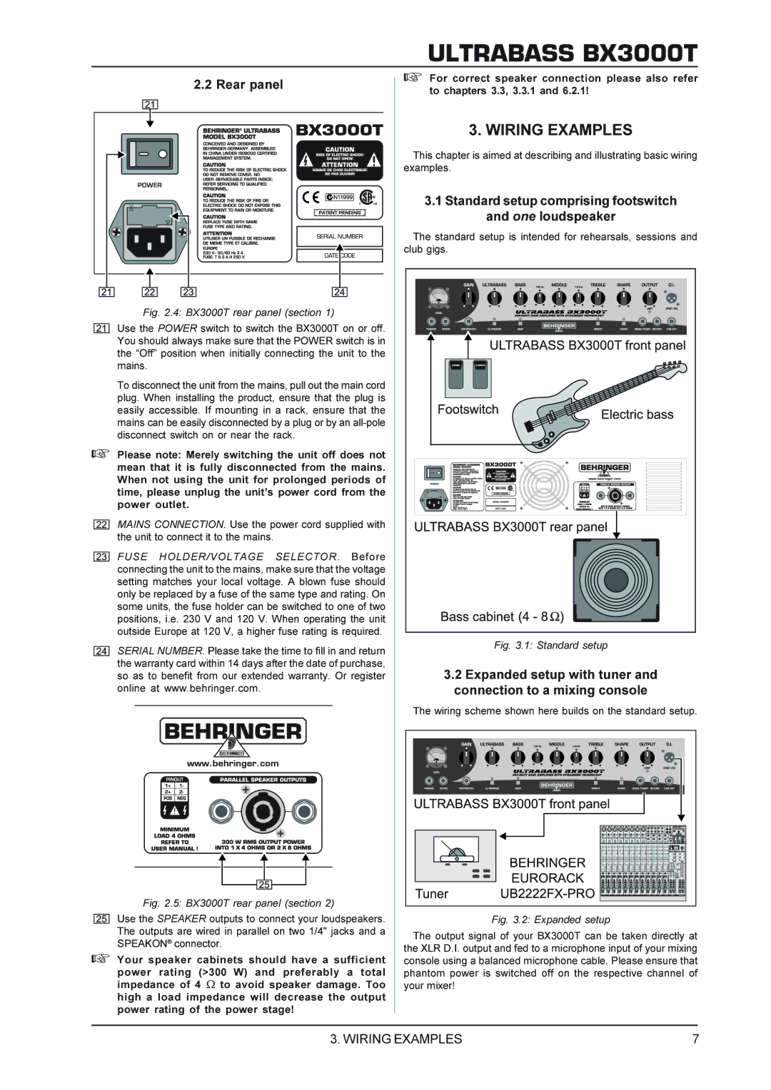 Behringer BX3000T manual Wiring Examples, Rear panel, Standard setup comprising footswitch and one loudspeaker 