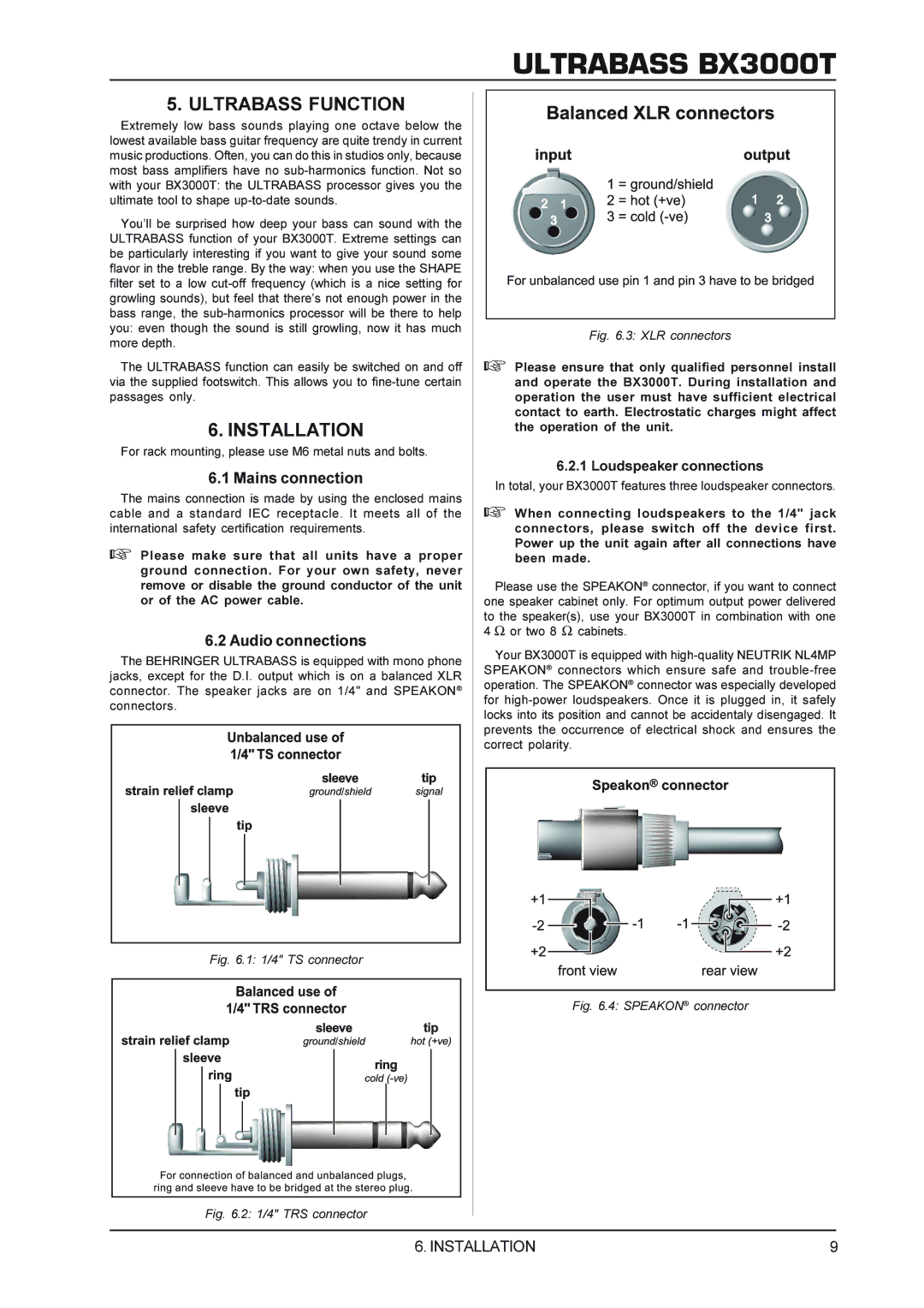 Behringer BX3000T manual Ultrabass Function, Installation, Mains connection, Audio connections, Loudspeaker connections 