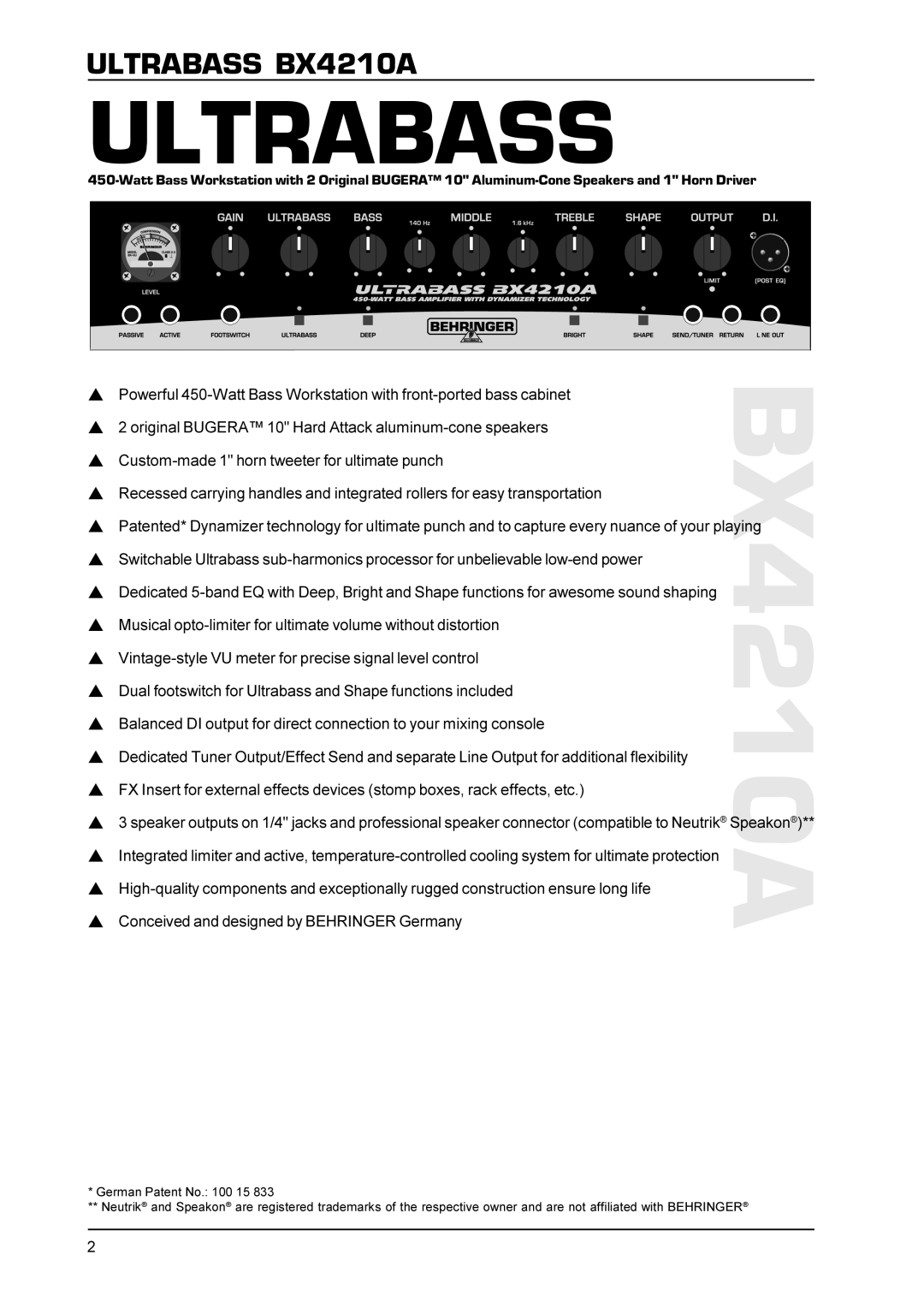 Behringer BX4210A specifications Ultrabass 