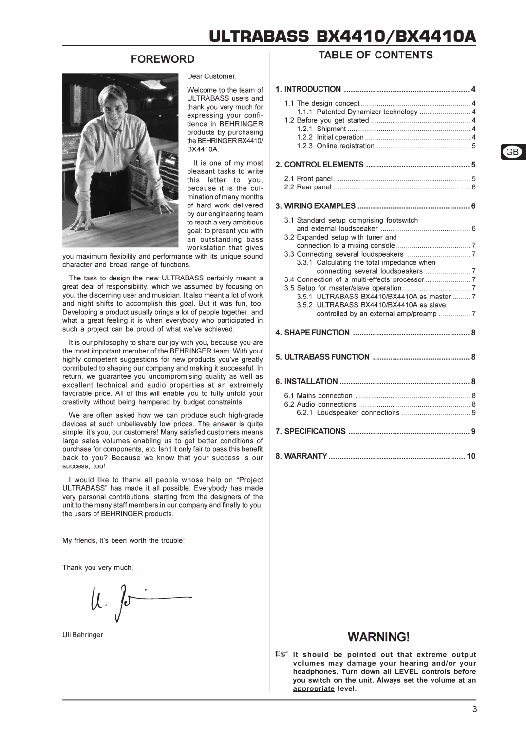 Behringer BX4410A manual Foreword, Table of Contents 