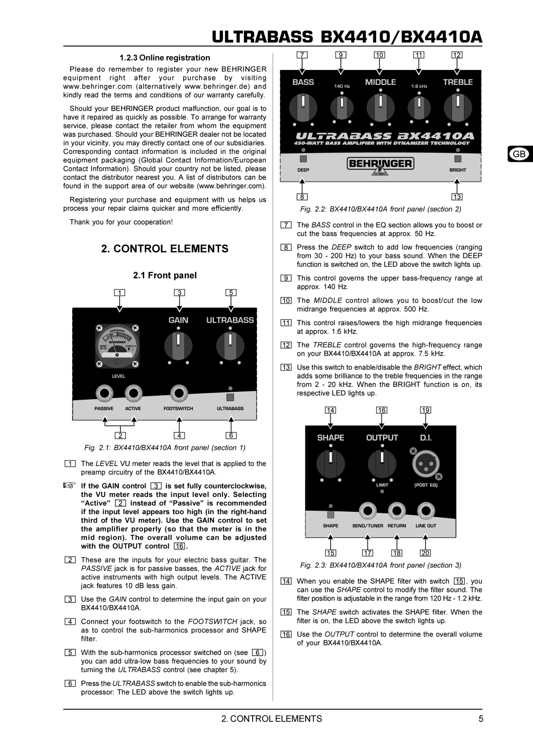 Behringer BX4410A manual Control Elements, Front panel, Online registration 