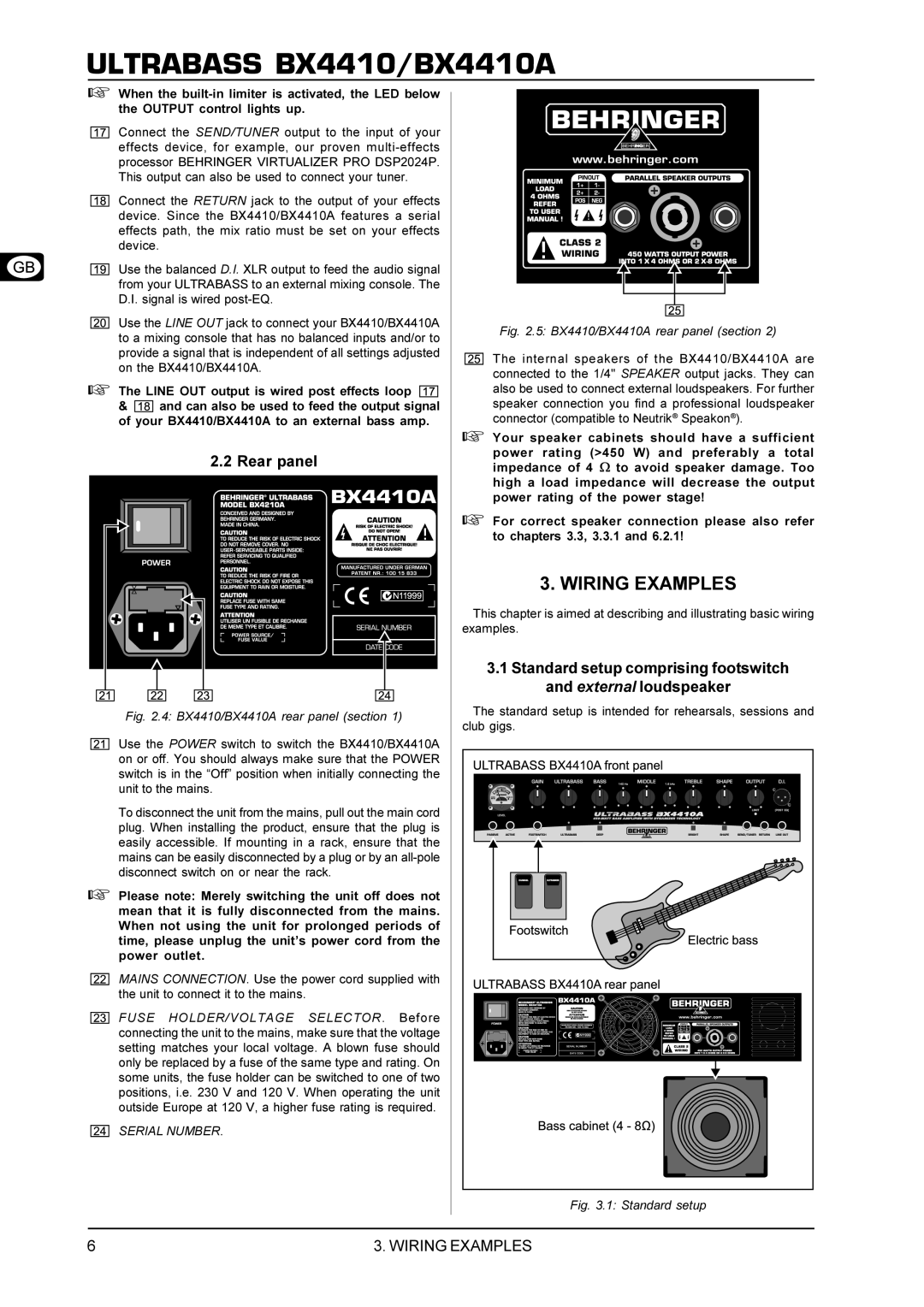 Behringer BX4410A manual Wiring Examples, Rear panel 