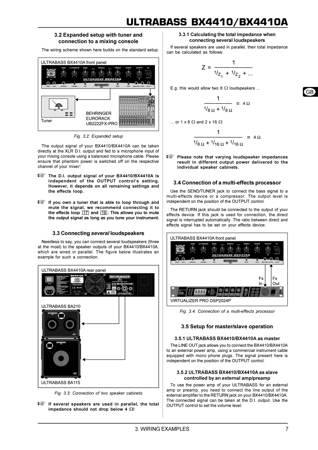 Behringer BX4410A manual Connecting several loudspeakers, Connection of a multi-effects processor 