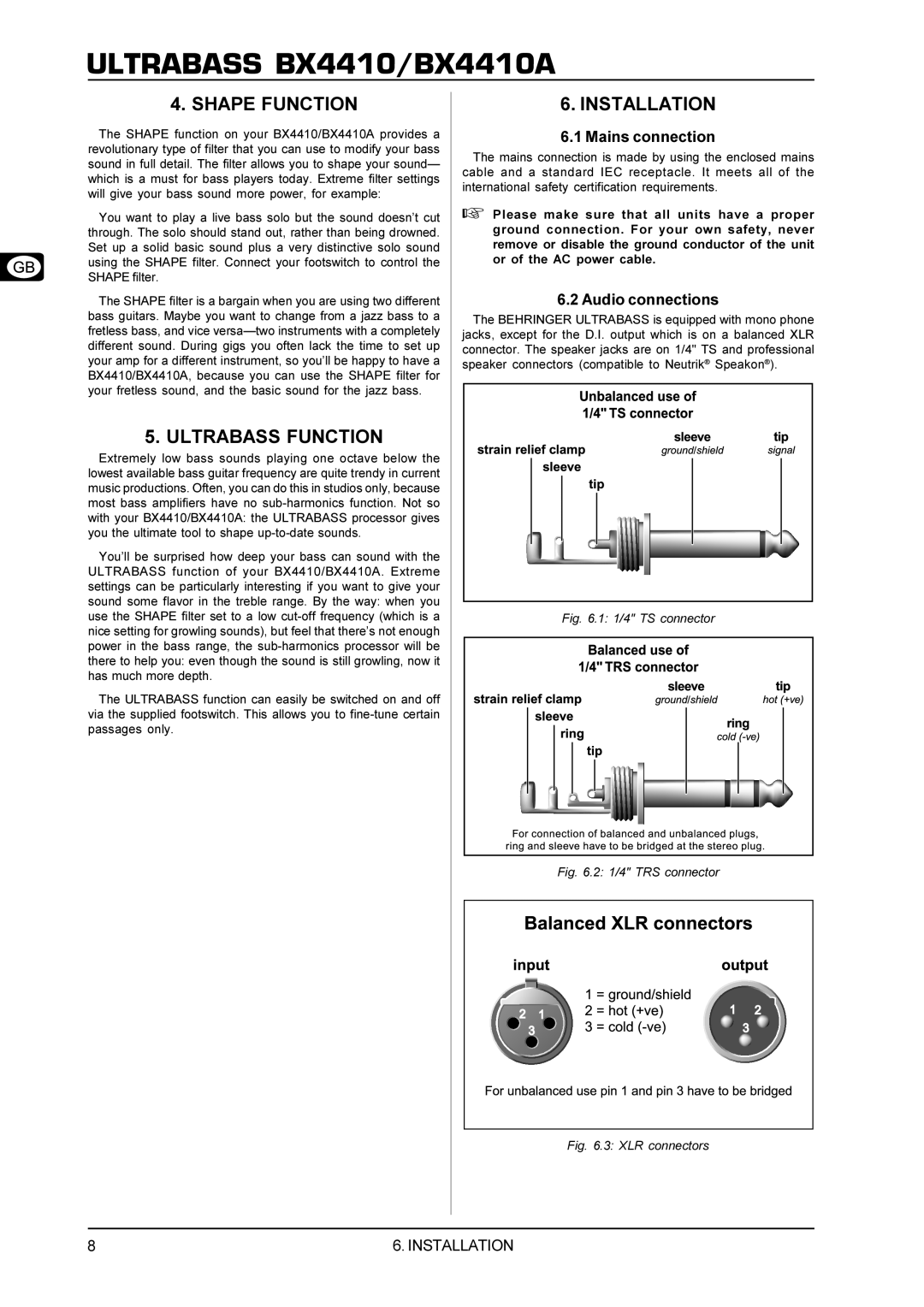 Behringer BX4410A manual Shape Function, Ultrabass Function, Installation, Mains connection, Audio connections 