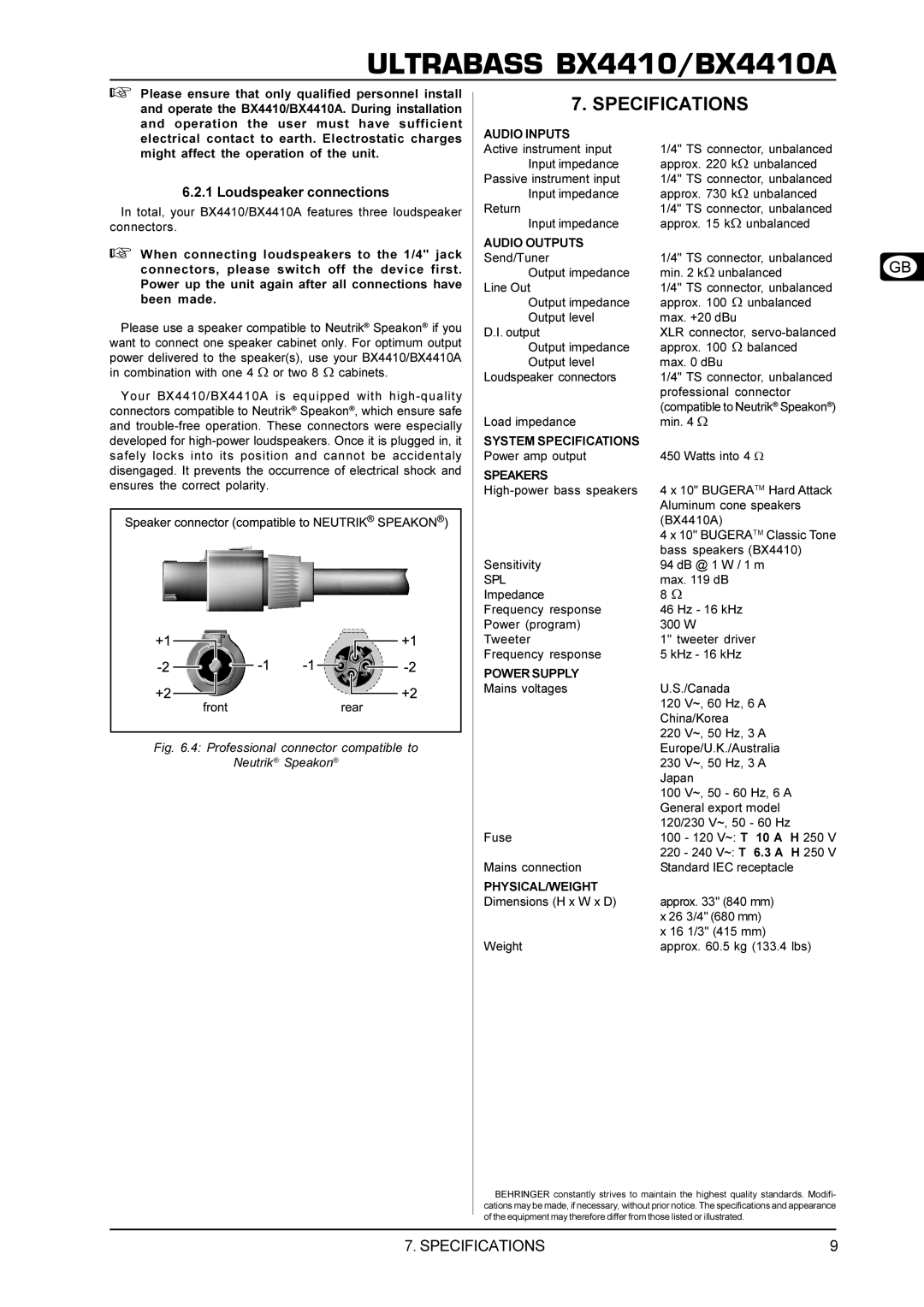 Behringer BX4410A manual Specifications, Loudspeaker connections 