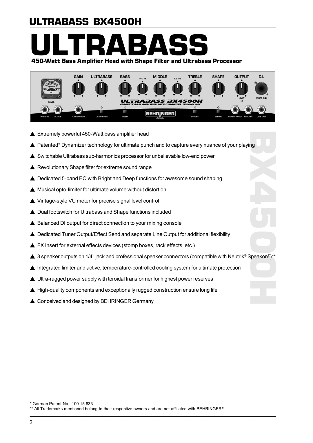 Behringer specifications ULTRABASS BX4500H, Ultrabass 