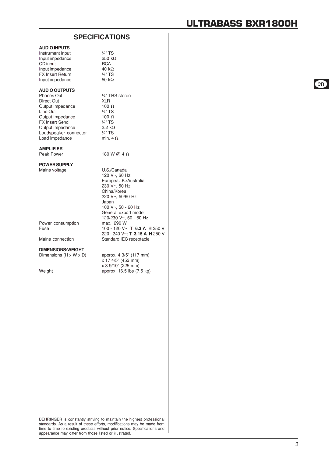 Behringer BXR1800H specifications Specifications 