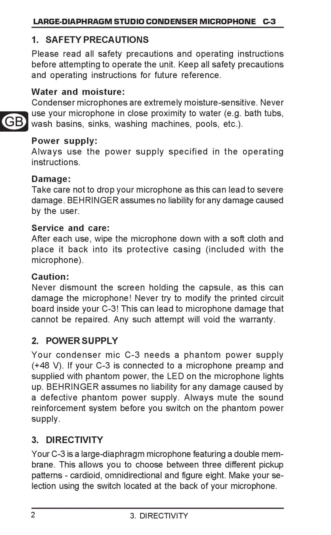 Behringer C-3 user manual Safety Precautions, Power Supply, Directivity 