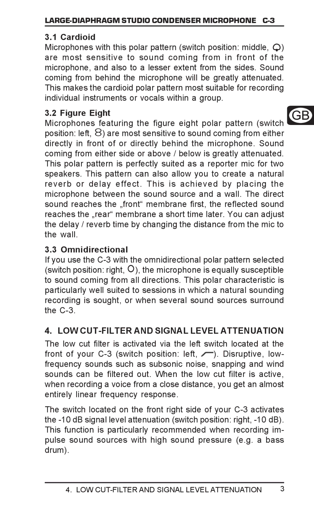 Behringer C-3 user manual Cardioid, Omnidirectional, LOW CUT-FILTER and Signal Level Attenuation 