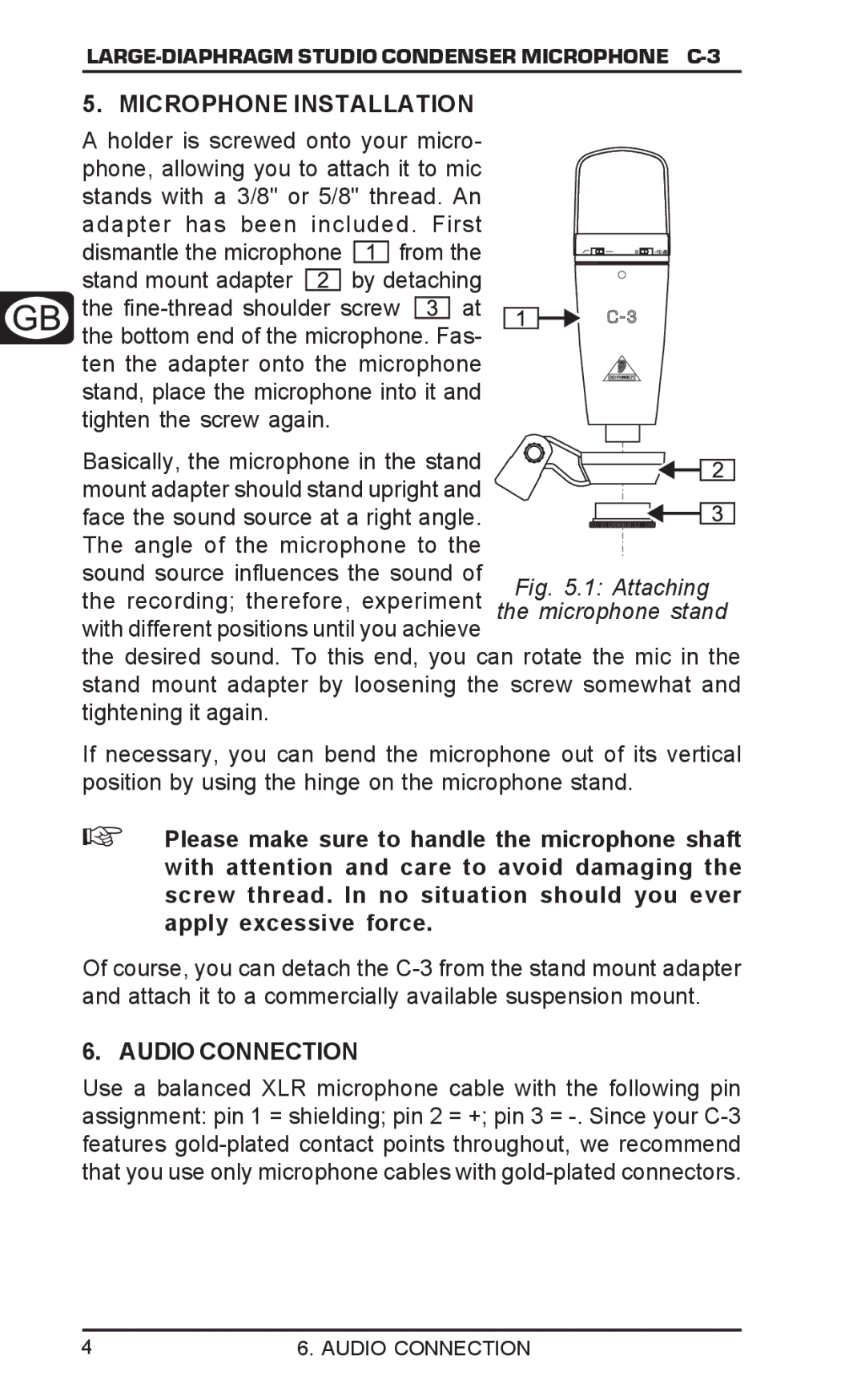 Behringer C-3 user manual Microphone Installation, Audio Connection 